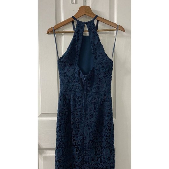 Francesca’s Navy Blue Halter Dress Small Mid Thigh Length Thick Floral Lace - Picture 3 of 4